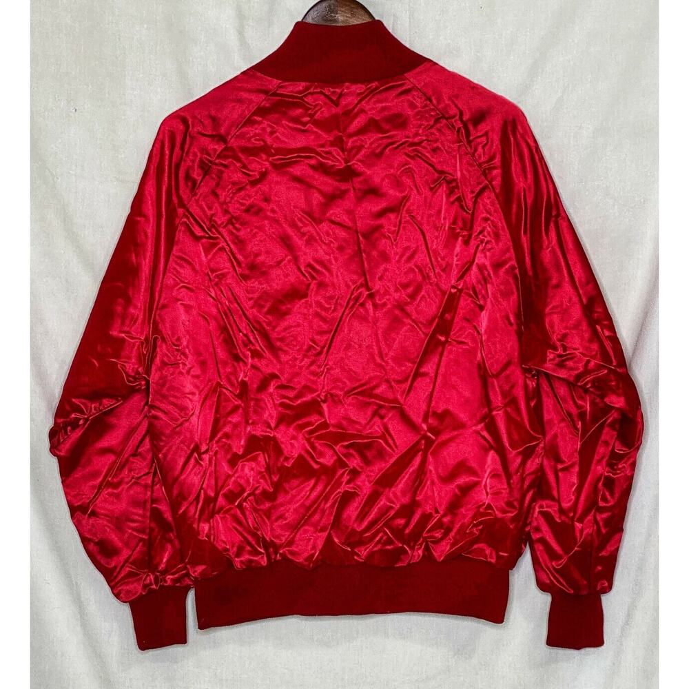 Red Satin Bomber Jacket Medium Prudhoe Bay Alaska Made in USA DELONG 1980s - Picture 2 of 6